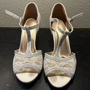 Dream Pairs Ivory Lace T-Strap Heels with Rhinestone Accents